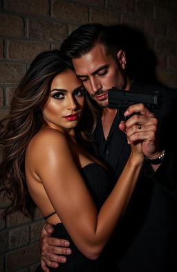 A dark-themed scene featuring a cold and sexy mafia man, with a chiseled jawline and piercing eyes, seductively pinning a beautiful woman against a textured brick wall