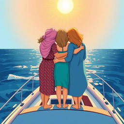 A colorful illustration depicting three women of different ages seen from behind, standing on a sailboat, symbolizing three generations