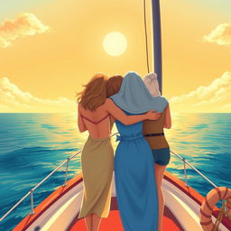 A colorful illustration depicting three women of different ages seen from behind, standing on a sailboat, symbolizing three generations