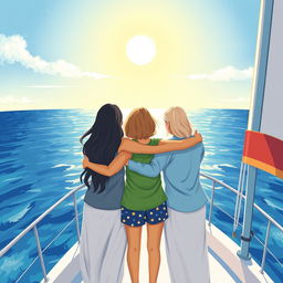 A colorful illustration depicting three women of different ages seen from behind, standing on a sailboat, symbolizing three generations