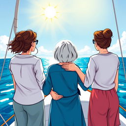 A colorful illustration depicting three women of different ages seen from behind, standing on a sailboat, symbolizing three generations