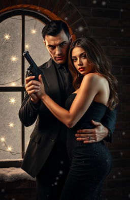 A dark themed Christmas background featuring a cold and sexy mafia man with an intense expression, seductively pinning a beautiful woman with a captivating look against a dimly lit brick wall