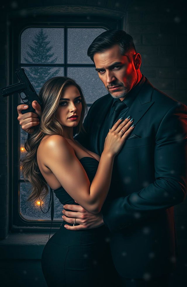 A dark themed Christmas background featuring a cold and sexy mafia man with an intense expression, seductively pinning a beautiful woman with a captivating look against a dimly lit brick wall