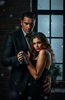 A dark themed Christmas background featuring a cold and sexy mafia man with an intense expression, seductively pinning a beautiful woman with a captivating look against a dimly lit brick wall