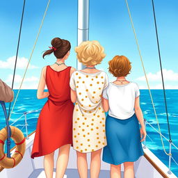A colorful illustration featuring three women of different ages seen from behind, standing on a sailboat, representing three generations