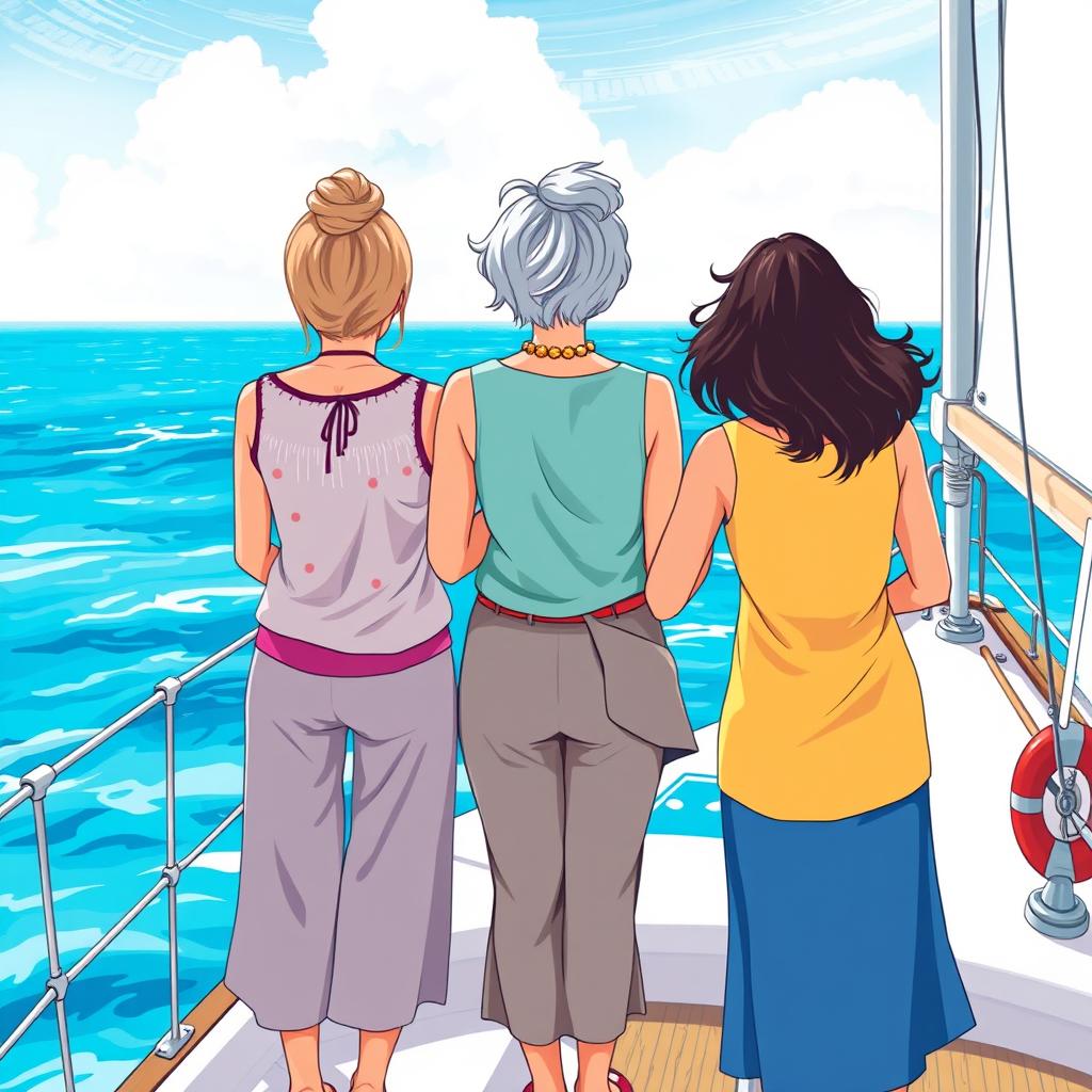 A colorful illustration featuring three women of different ages seen from behind, standing on a sailboat, representing three generations