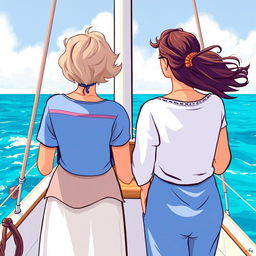 A colorful illustration featuring three women of different ages seen from behind, standing on a sailboat, representing three generations