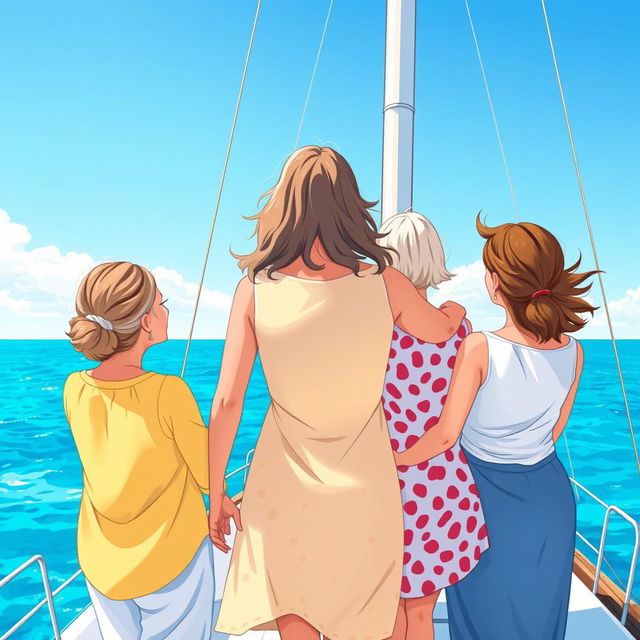 A colorful illustration featuring three women of different ages seen from behind, standing on a sailboat, representing three generations