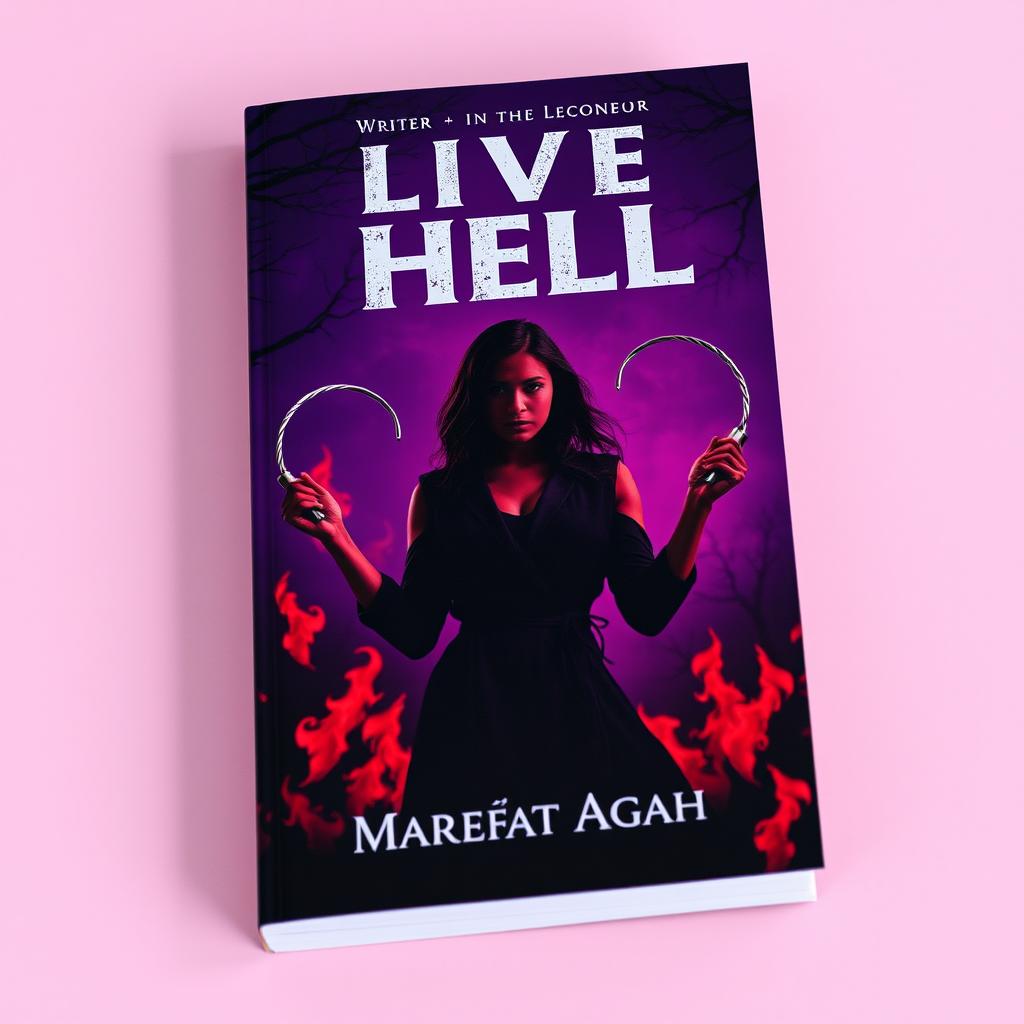 A captivating book cover design featuring a dark purple background dramatically illuminated by vibrant red flames