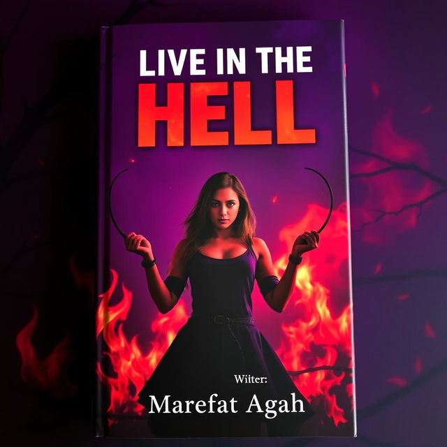 A captivating book cover design featuring a dark purple background dramatically illuminated by vibrant red flames