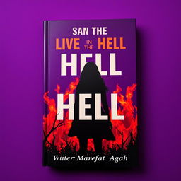 A captivating book cover design featuring a dark purple background ablaze with vibrant red fire