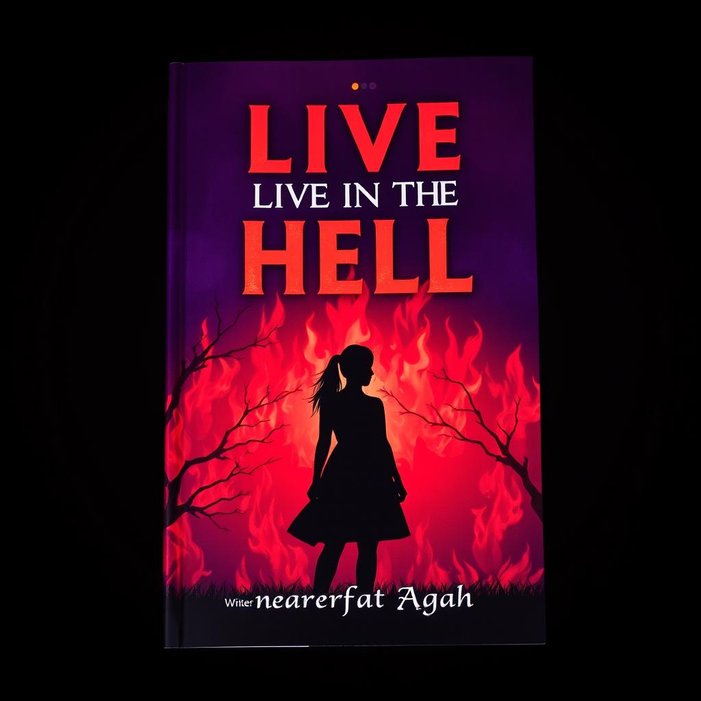 A captivating book cover design featuring a dark purple background ablaze with vibrant red fire