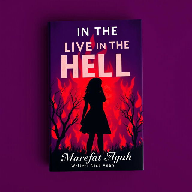 A captivating book cover design featuring a dark purple background ablaze with vibrant red fire