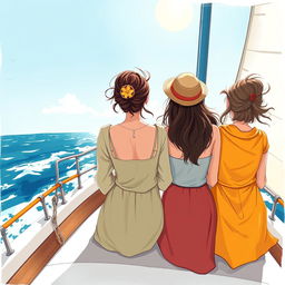 A colorful illustration in a wide shot format featuring three women of different ages seen from behind on a sailboat, symbolizing three generations