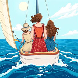 A colorful illustration in a wide shot format featuring three women of different ages seen from behind on a sailboat, symbolizing three generations