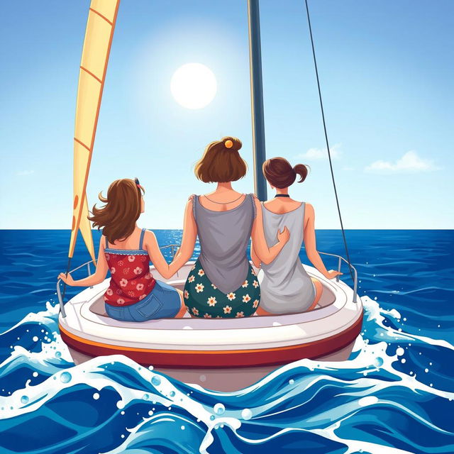 A colorful illustration in a wide shot format featuring three women of different ages seen from behind on a sailboat, symbolizing three generations