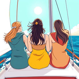 A colorful illustration in a wide shot format featuring three women of different ages seen from behind on a sailboat, symbolizing three generations