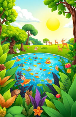 A vibrant cartoon scene depicting rich green biodiversity featuring both terrestrial and aquatic life