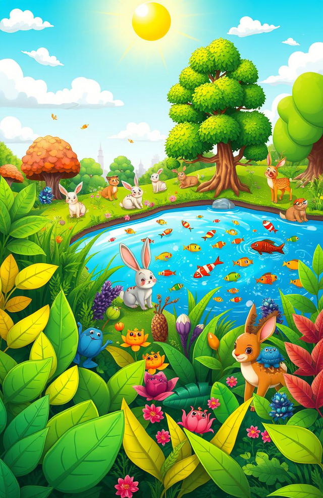 A vibrant cartoon scene depicting rich green biodiversity featuring both terrestrial and aquatic life