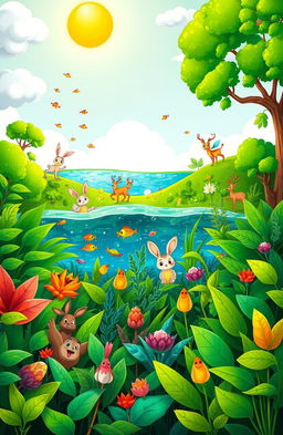 A vibrant cartoon scene depicting rich green biodiversity featuring both terrestrial and aquatic life
