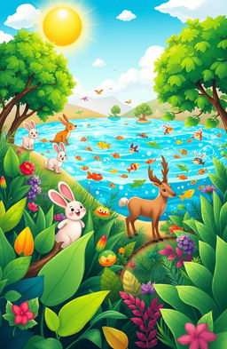A vibrant cartoon scene depicting rich green biodiversity featuring both terrestrial and aquatic life
