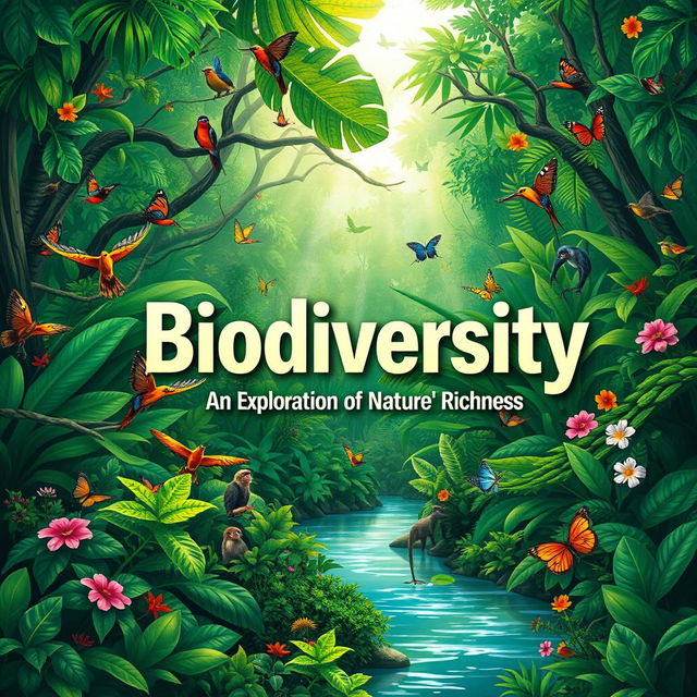 A visually captivating cover page for a biodiversity report, featuring a lush, vibrant rainforest scene with diverse plant life and colorful wildlife such as tropical birds, butterflies, and monkeys