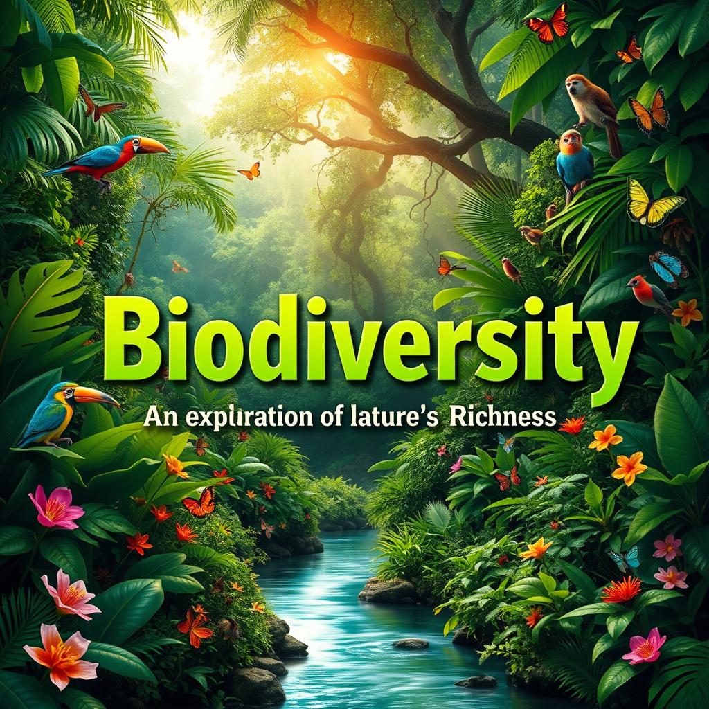 A visually captivating cover page for a biodiversity report, featuring a lush, vibrant rainforest scene with diverse plant life and colorful wildlife such as tropical birds, butterflies, and monkeys