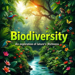 A visually captivating cover page for a biodiversity report, featuring a lush, vibrant rainforest scene with diverse plant life and colorful wildlife such as tropical birds, butterflies, and monkeys