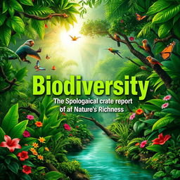 A visually captivating cover page for a biodiversity report, featuring a lush, vibrant rainforest scene with diverse plant life and colorful wildlife such as tropical birds, butterflies, and monkeys