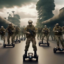 in the sky are 10 combatants in military camouflage  armed with assault rifles and clad in skeleton face mask and normal bullet proof vests on hover-boards