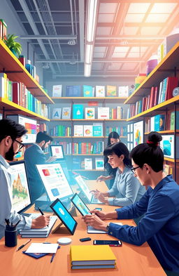 A visually appealing digital marketplace scene that showcases various digital products like e-books, online courses, and graphic designs being created and sold