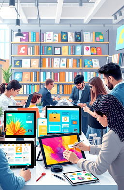 A visually appealing digital marketplace scene that showcases various digital products like e-books, online courses, and graphic designs being created and sold