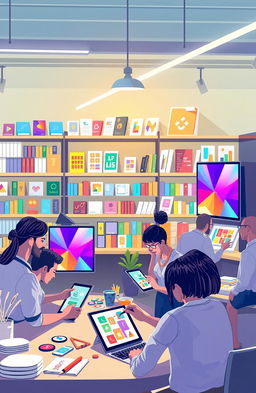 A visually appealing digital marketplace scene that showcases various digital products like e-books, online courses, and graphic designs being created and sold