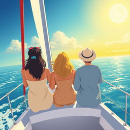 A colorful and expansive illustration that features three women of different ages from behind on a sailboat, symbolizing three generations