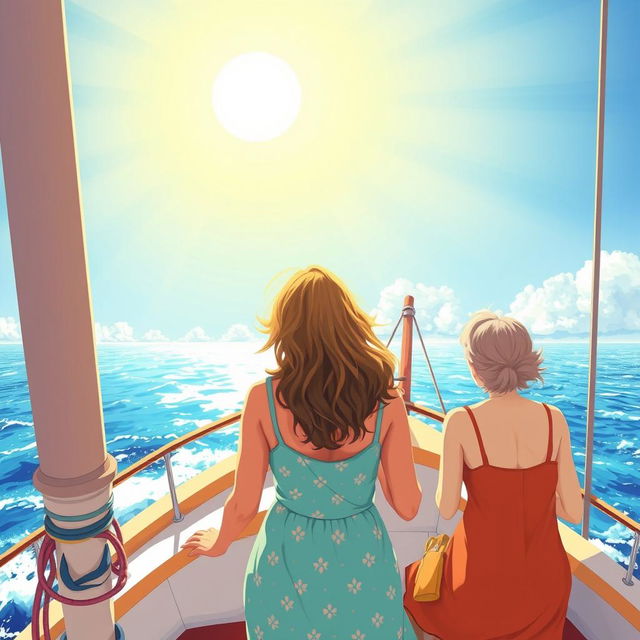 A colorful and expansive illustration that features three women of different ages from behind on a sailboat, symbolizing three generations