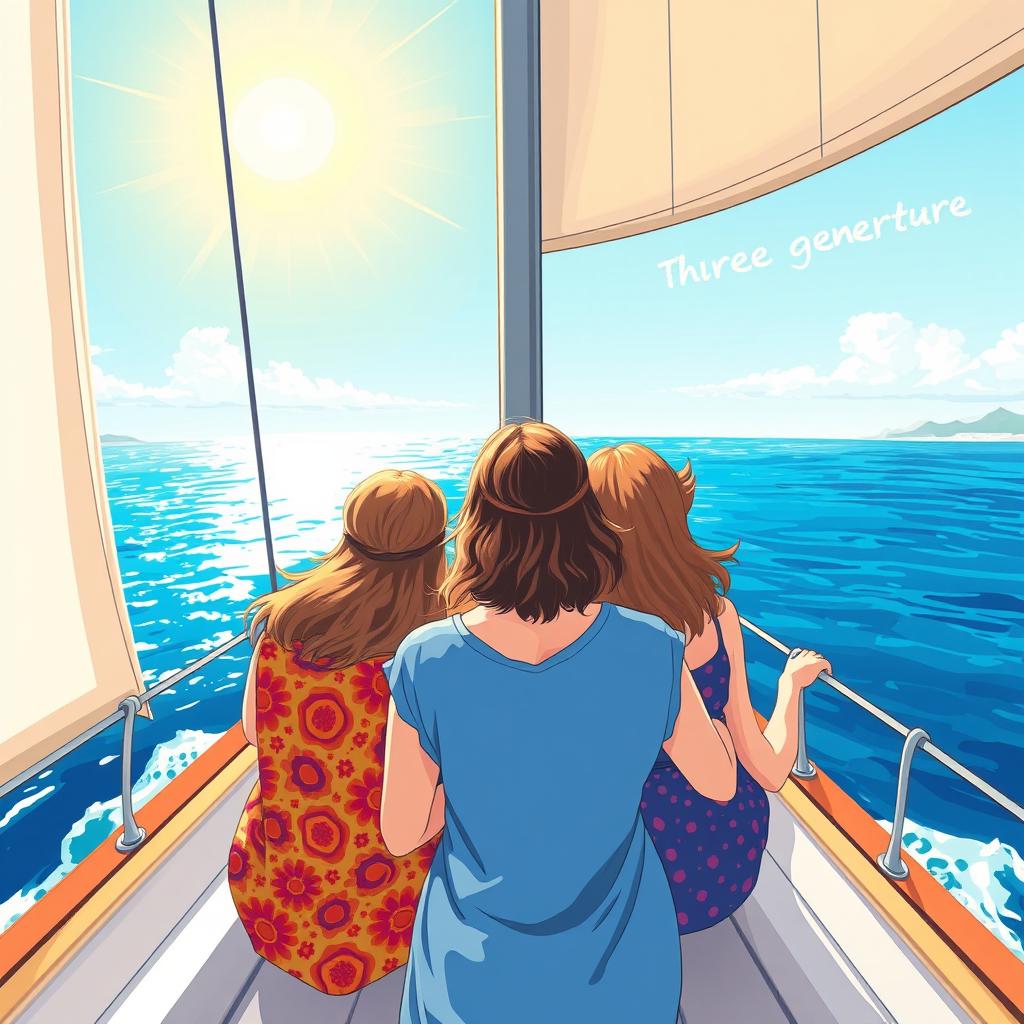 A colorful and expansive illustration that features three women of different ages from behind on a sailboat, symbolizing three generations