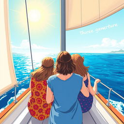 A colorful and expansive illustration that features three women of different ages from behind on a sailboat, symbolizing three generations