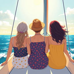A colorful and expansive illustration that features three women of different ages from behind on a sailboat, symbolizing three generations