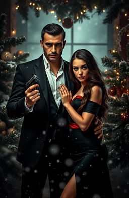 A captivating dark romance scene set against a dark themed Christmas background