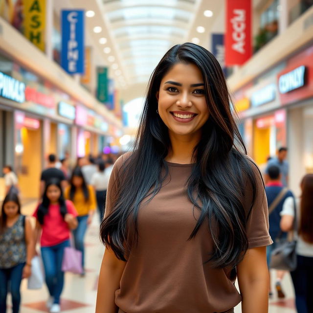 A beautiful Colombian woman aged between 35 and 40, with long dark hair, standing full-length