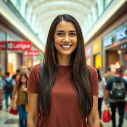 A beautiful Colombian woman aged between 35 and 40, with long dark hair, standing full-length
