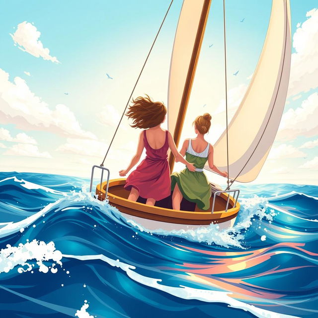 A colorful and dynamic illustration in a wide shot format depicting three women of different ages on a sailboat, symbolizing three generations