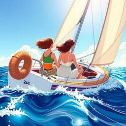 A colorful and dynamic illustration in a wide shot format depicting three women of different ages on a sailboat, symbolizing three generations
