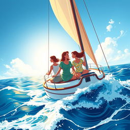 A colorful and dynamic illustration in a wide shot format depicting three women of different ages on a sailboat, symbolizing three generations