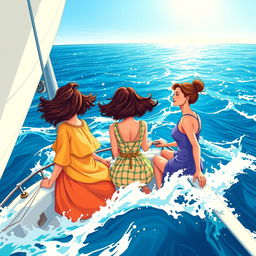 A colorful and dynamic illustration in a wide shot format depicting three women of different ages on a sailboat, symbolizing three generations