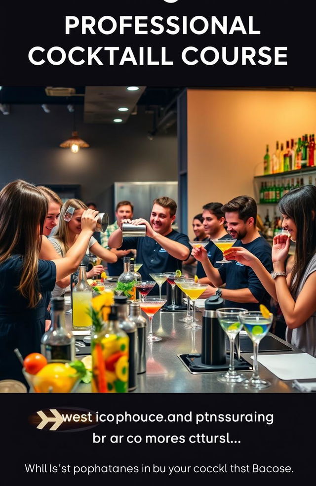 A professional cocktail-making course showcasing a vibrant classroom filled with enthusiastic students learning mixology