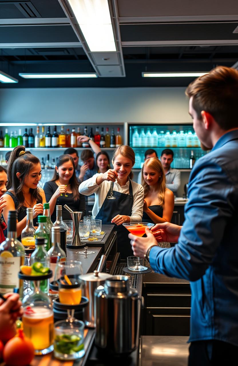 A professional cocktail-making course showcasing a vibrant classroom filled with enthusiastic students learning mixology