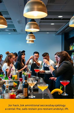 A professional cocktail-making course showcasing a vibrant classroom filled with enthusiastic students learning mixology