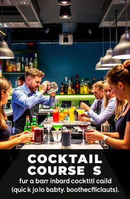 A professional cocktail-making course showcasing a vibrant classroom filled with enthusiastic students learning mixology