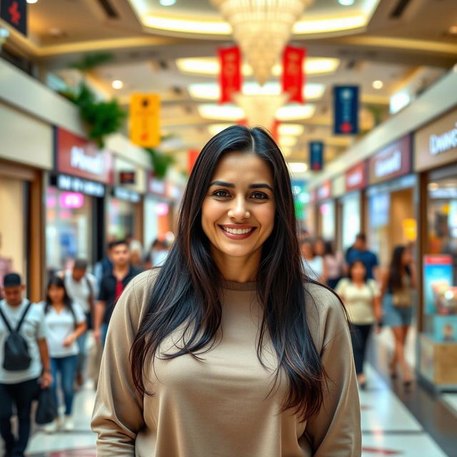 A beautiful Colombian woman aged between 35 and 40, with long dark hair, standing full-length